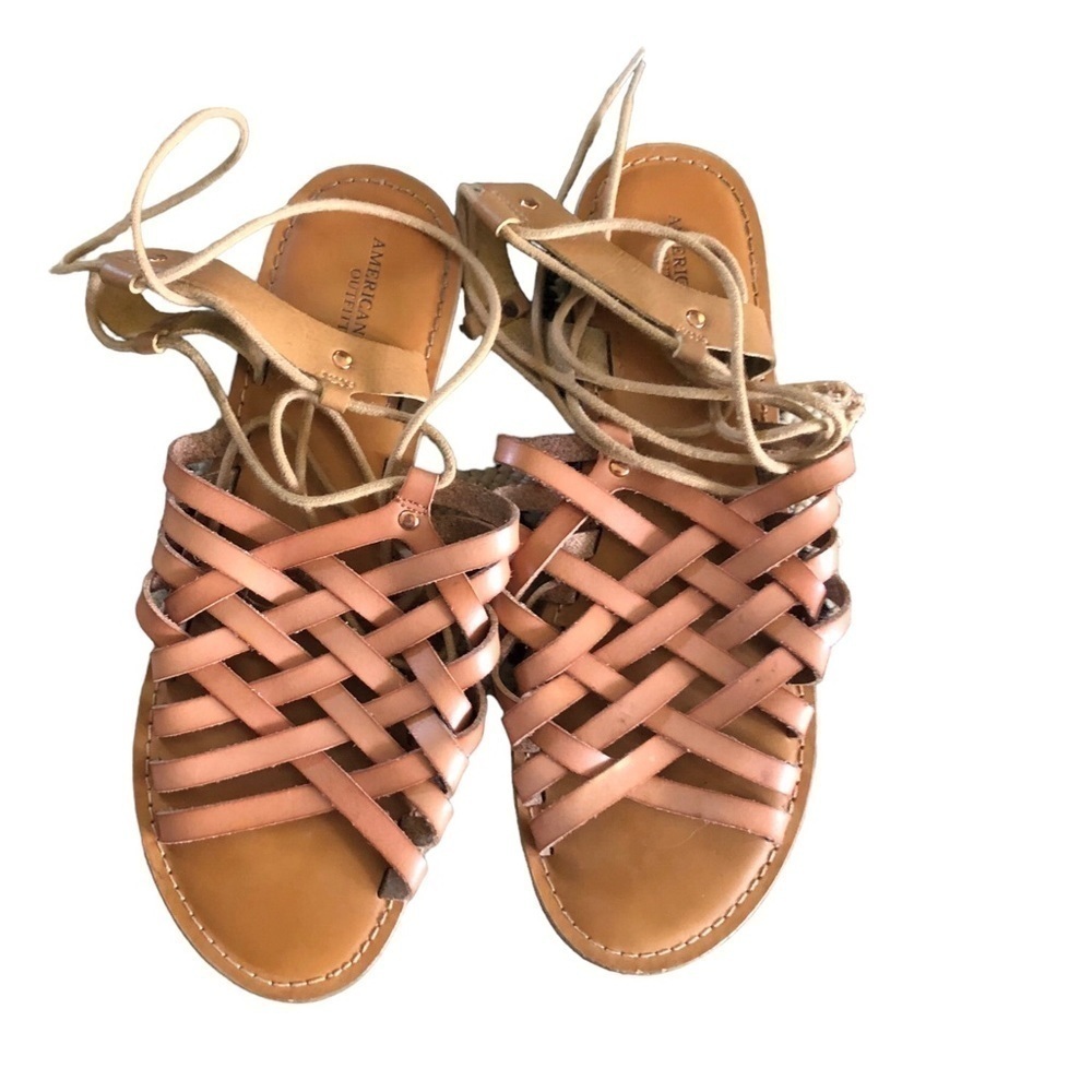 American Eagle Leather Lace Up Flat Sandal Sz. 9 Brown Festival Strappy Boho